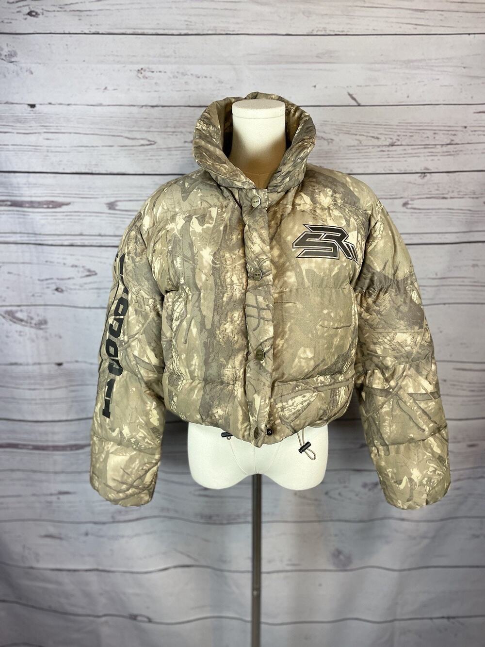Smoke Rise Women’s Camo Bubble Puffer Jacket Cropped Hooded Coat SZ M NWT